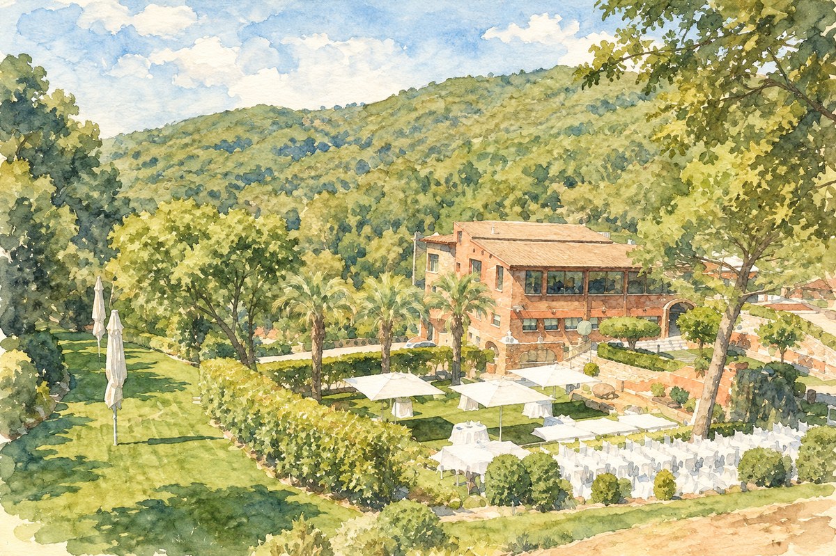Ilustración de la Masia Font del Tort entre jardines y colinas